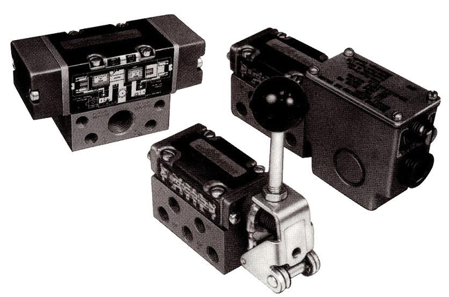 Miller 304 & 504 Pneumatic Valves, 3-Way & 5-Way. 2-Position, Inline Valves with Solenoid, Air Pilot, Manual and Cam Operators